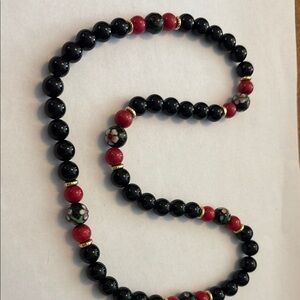 Black and Red Onyx  Beaded Necklace with Cloisonne accent beads 26” continuous